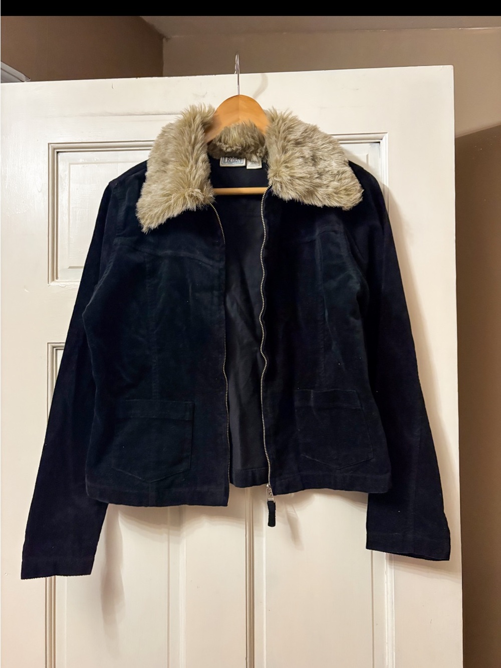 Women's Black Suede Jacket with Faux Fur Collar